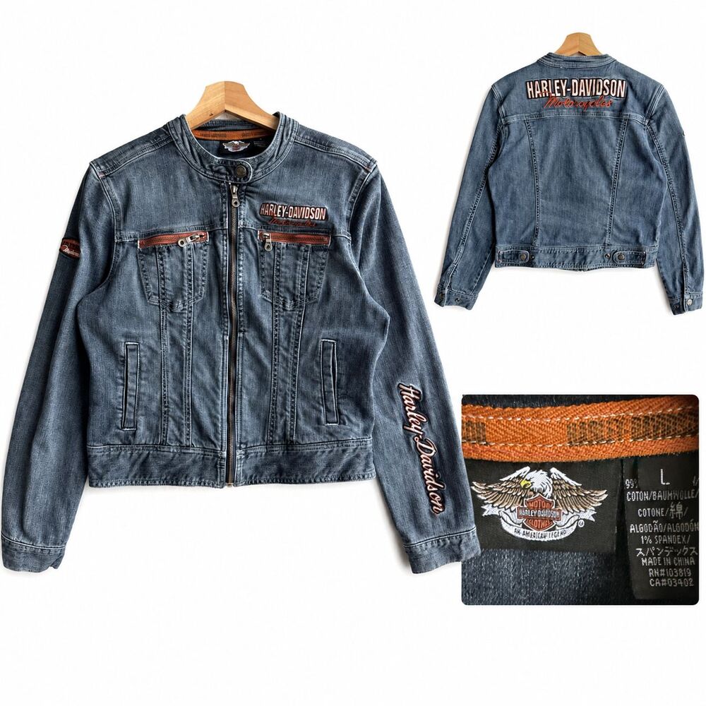 VTG Harley Davidson Women’s Large Denim Jean Jacket Embroidered Motorcycle Biker